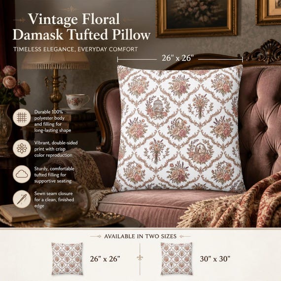 Floor Pillow, Vintage Floral Damask | 100% Polyester Square Cushion