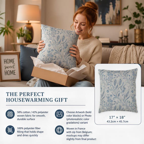 Blue Leaf Pillow, 58% Cotton Woven Face | 17 × 18 Inch
