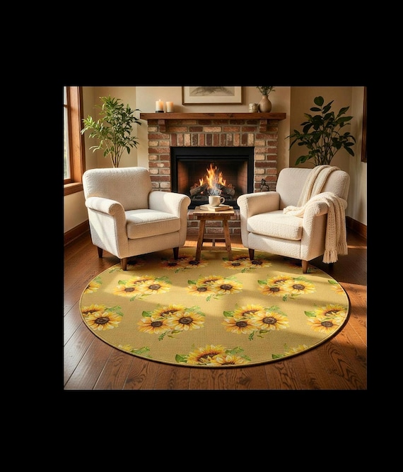 Sunflower Floral Boho Round Rug | Yellow flower decor