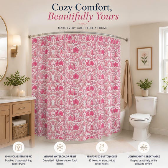 Pink Shower Curtain, Floral 100% Polyester Design | Vintage Bathroom Decor