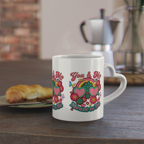 You & Me Meant to Be Heart-Shaped Mug | Retro Floral Love Design