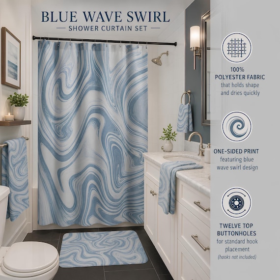 Blue Ocean Wave Shower Curtain | 71x74 Water Resistant, Coastal Bathroom Decor