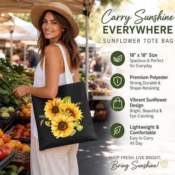 Sunflower Bouquet Tote Bag | Floral Illustration on Black