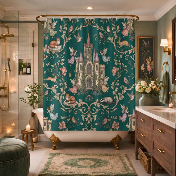 Fairy Castle Pattern Shower Curtain | Teal Fantasy Woodland Creatures