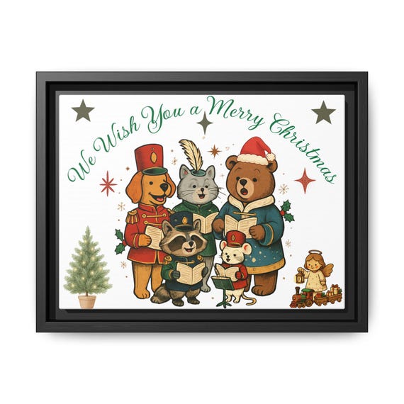 Vintage Animal Carolers Matte Canvas, Framed | Christmas Wall Art