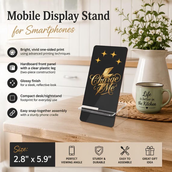 Phone Stand, Black Glossy Hardboard Desktop Holder with Gold Print