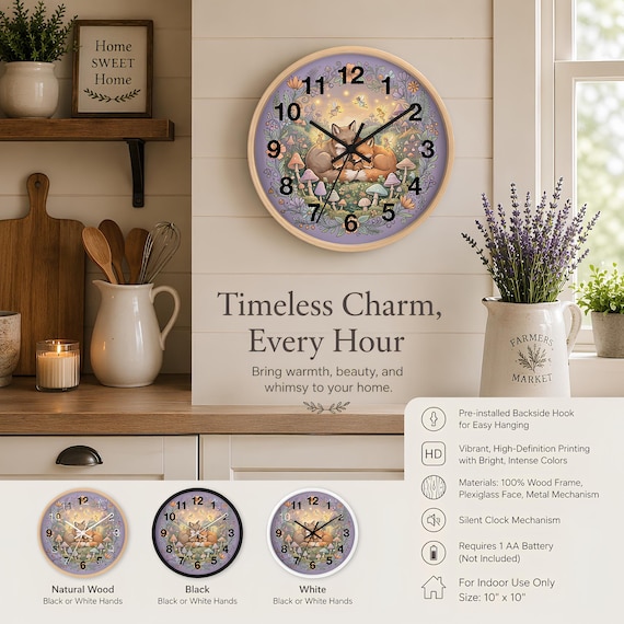 Woodland Clock with Sleeping Foxes, Pastel Nursery Wall Art