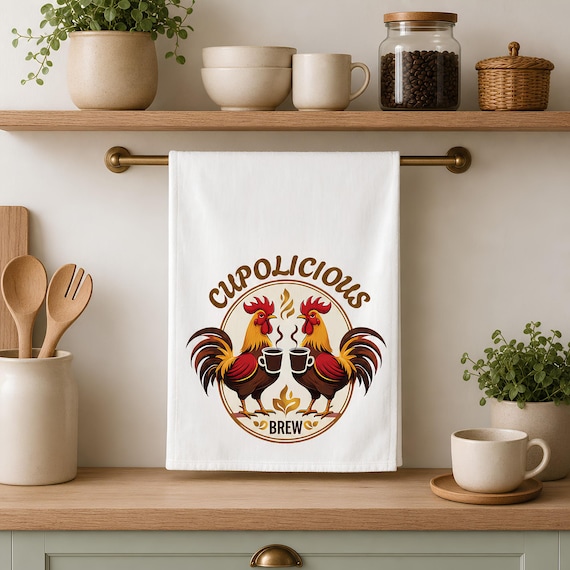 Cupolicious Brew Rooster Hand Towel, Coffee Kitchen Decor | Tea Towel