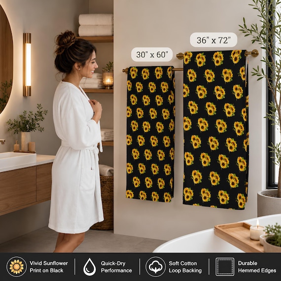 Yellow Sunflower Floral Beach Towel | Bathroom Decor, Black Background, Summer Pool Towel