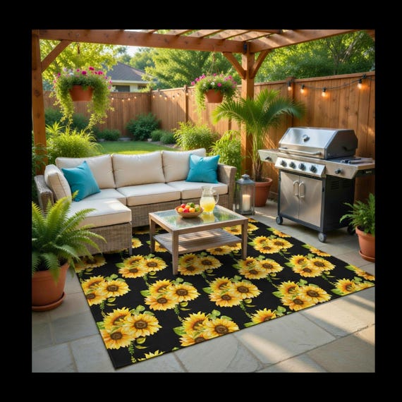 Sunflower Bouquet Outdoor Rug | Black Floral Patio Mat