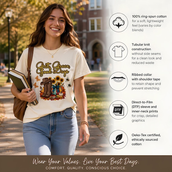 Graphic Tee, Grit, Grace, Good Days Western Sunflower Design, Garment-Dyed Cotton