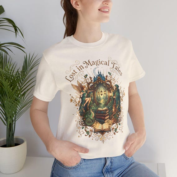 Lost in Magical Tales T-Shirt | Vintage Storybook Bookworm Illustration