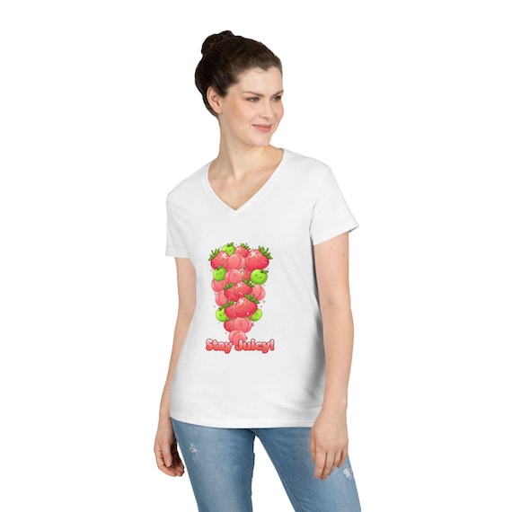Strawberry Cluster Stay Juicy T-Shirt | Fruit Graphic V-Neck