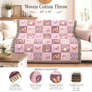 Geweven deken, 100% katoen, patchwork met vlinders en franjes.