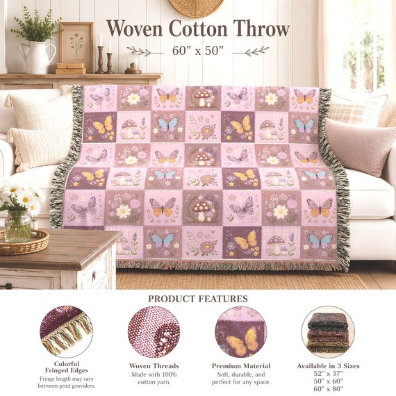 Woven Blanket, 100% Cotton Butterfly Patchwork Throw With Fringe