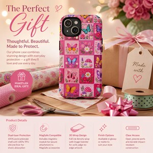 Telefoonhoesje met vlinderprint in roze patchwork, MagSafe-compatibel, dubbellaags ontwerp