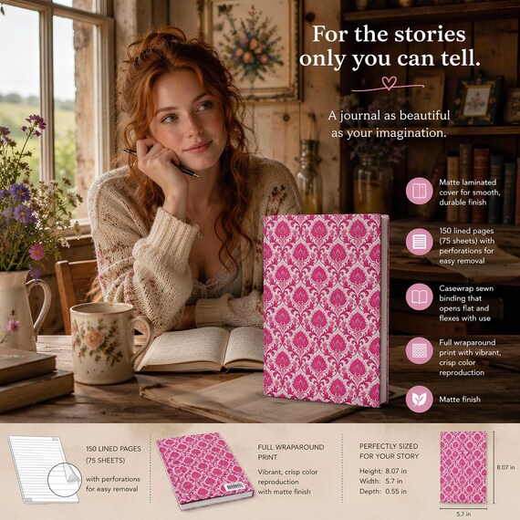 Pink Damask Pattern Hardcover Journal with 150 Lined Pages