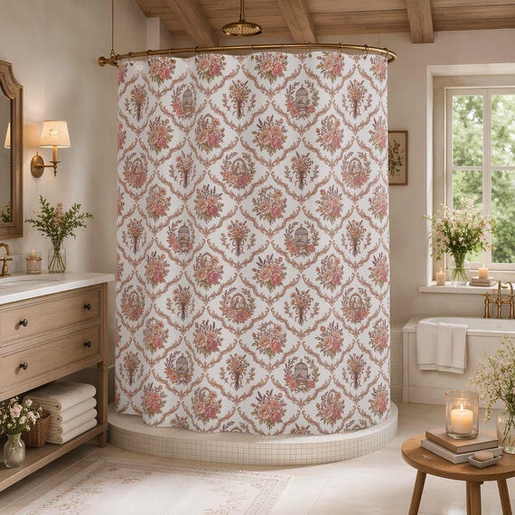 Floral Shower Curtain with Vintage Pink Rose Pattern