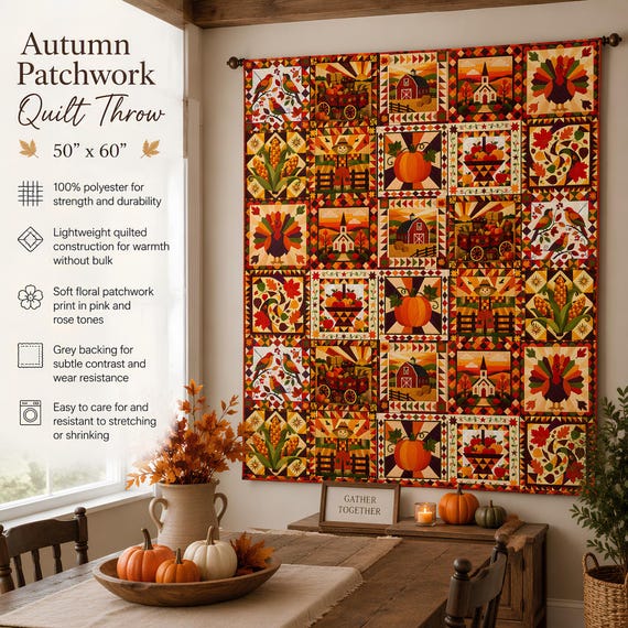 Autumn Patchwork Pumpkin Quilt Throw | Fall Harvest Quilted Throw