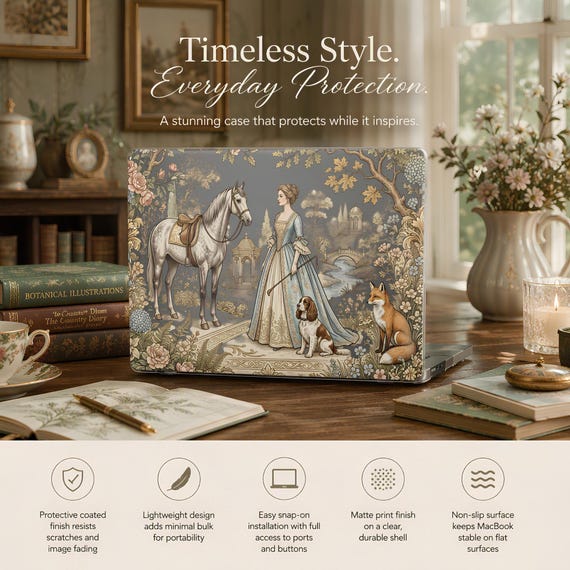 Vintage MacBook Case with Medieval Lady, Horse & Fox | Matte Laptop Cover, Easy Snap-On Installation