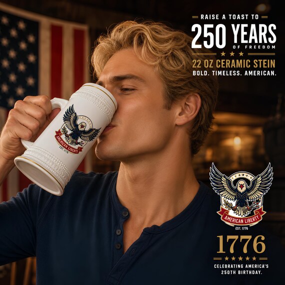 22Oz Ceramic Beer Stein with American Liberty Eagle Artwork, Gold Trim