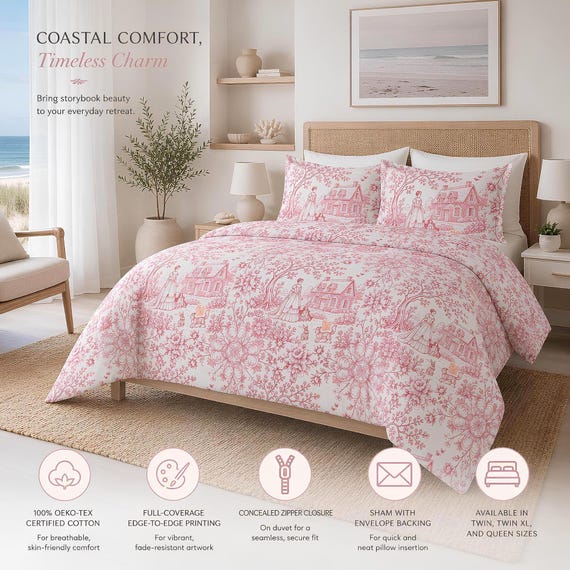 Toile Duvet Bed Set, Vintage Pink Cotton Bedding with Cottage Scene
