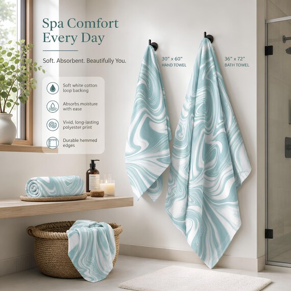 Teal Swirl Wave Pattern Beach Towel | Coastal Bathroom Decor
