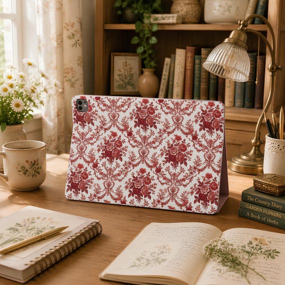 IPad Folio, Red Rose Damask Vegan Leather with Five Interior Pockets