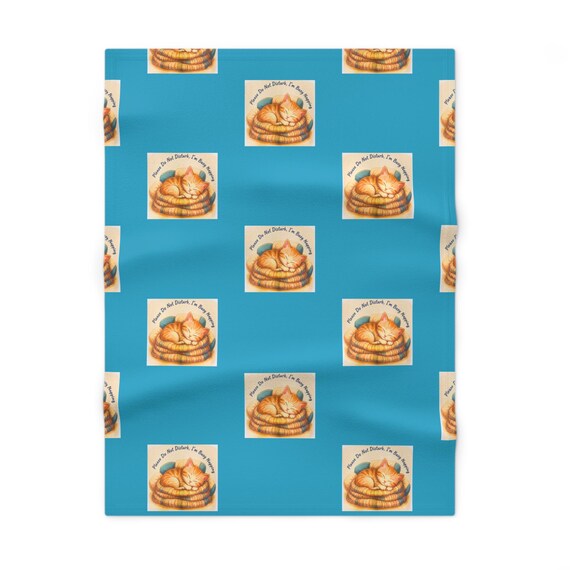 Sleeping Orange Tabby Cat Pattern Baby Blanket | Blue Fleece Nursery Throw