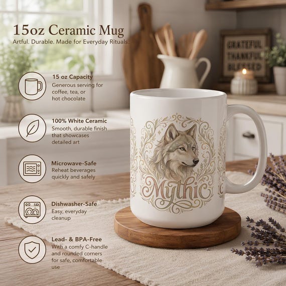 Wolf Mug, 15oz White Ceramic with Ornate Forest Illustration