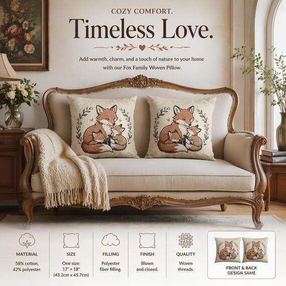Mama Fox Family Pillow | Woven Fox Cushion, Woodland Animals Decor