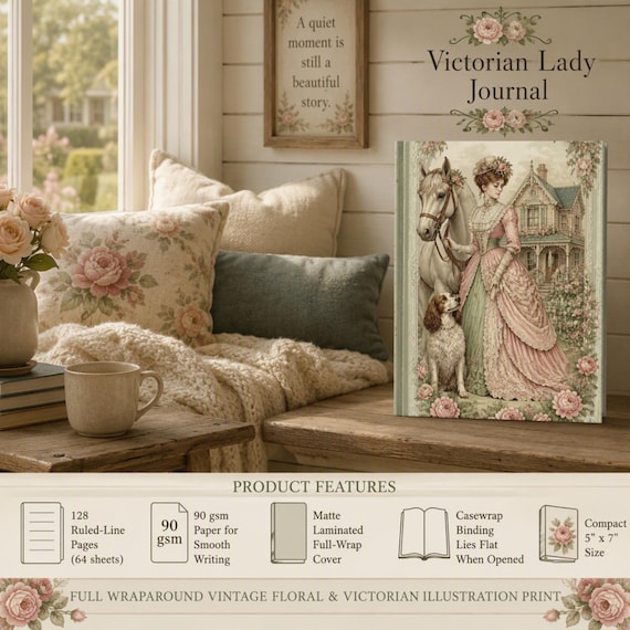 Horse Notebook, Victorian Floral Illustration, 5" x 7" 90gsm Ruled Pages