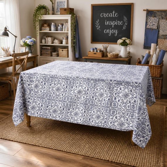 Dining Tablecloth, Blue Cotton Twill With Vintage Toile Pattern
