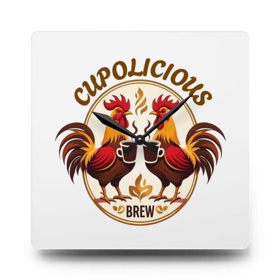 Cupolicious Brew Rooster Acrylic Wall Clock | Coffee Kitchen Decor