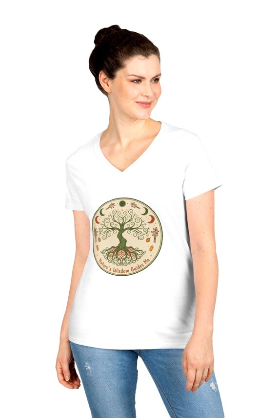 Celtic Tree of Life design V-Neck T-Shirt | Earthy Botanical Illustration