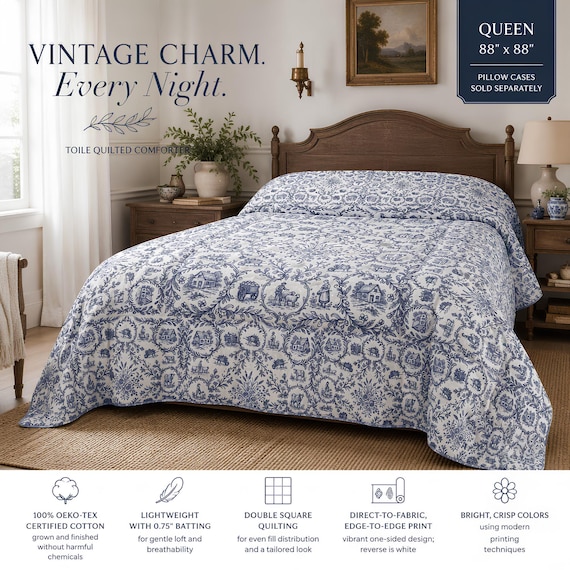 Cotton Comforter, Blue Toile Floral Quilted Bedding | OEKO-TEX Certified, 4 Sizes