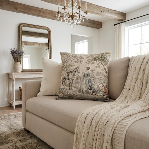 Victorian Countryside Scene Woven Pillow | Tapestry Cottagecore Decor