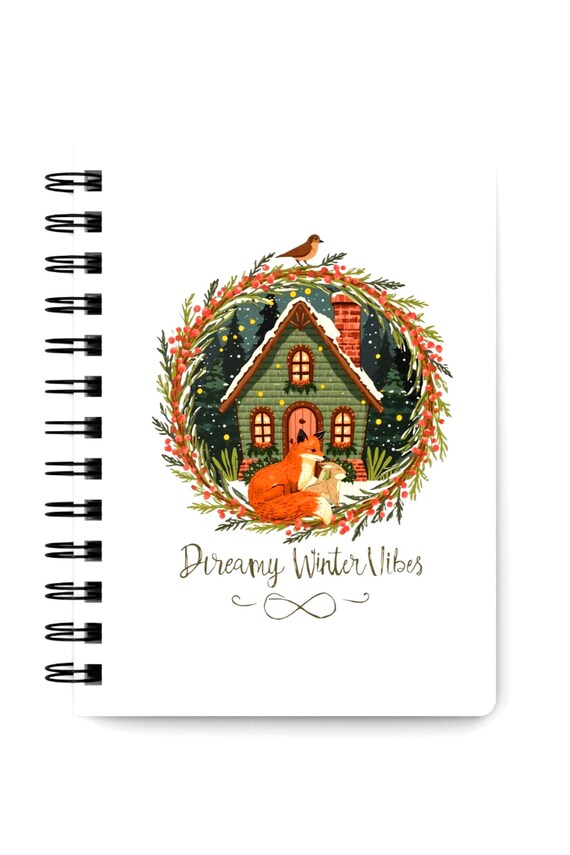 Dreamy Winter Cottage Fox Spiral Bound Journal | Cozy Woodland Notebook