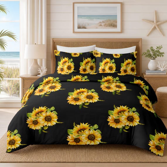 Sunflower Bouquet Duvet Cover, Cotton Bed Set | Floral Bedding