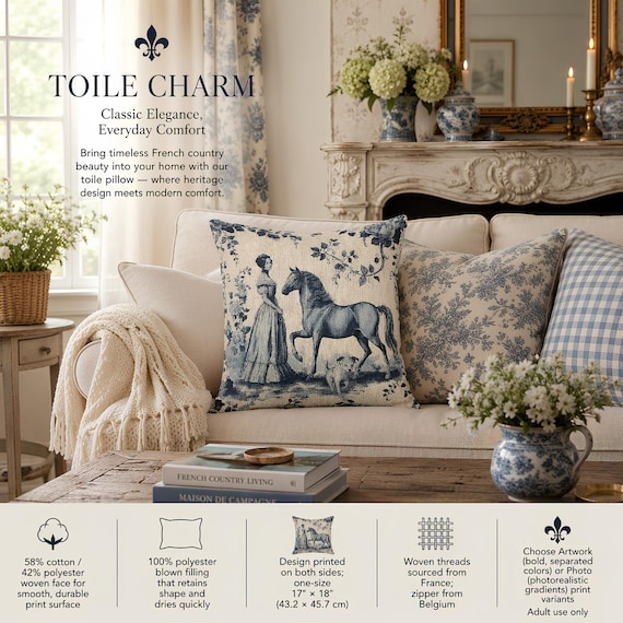 Woven Pillow, Blue Beige Toile Horse Design | Double-Sided 17 × 18 Inch