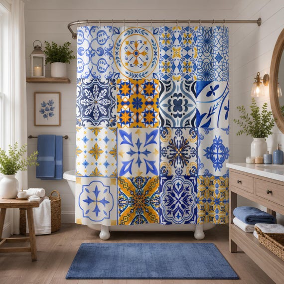 Blue Yellow Boho Toile Shower Curtain | Bathroom Decor 71x74