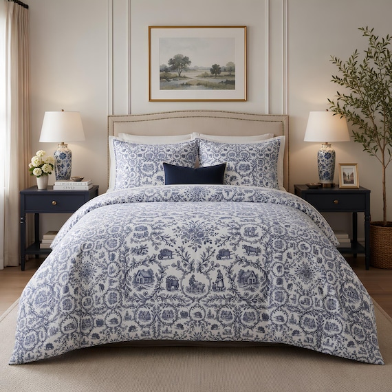 Cotton Bedding Set, Blue Toile Floral Print, Twin-To-Queen Sizes
