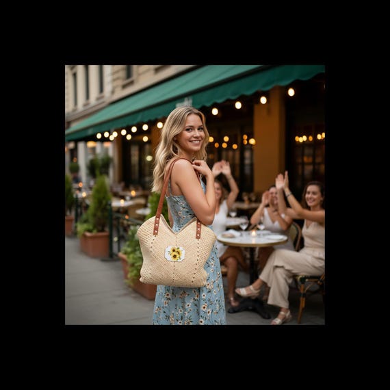 Straw Shoulder Bag, Sunflower Bouquet Tote with Cotton Lining
