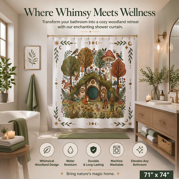 Woodland Shower Curtain, Nature Themed Bathroom Decor with Mushroom Design
