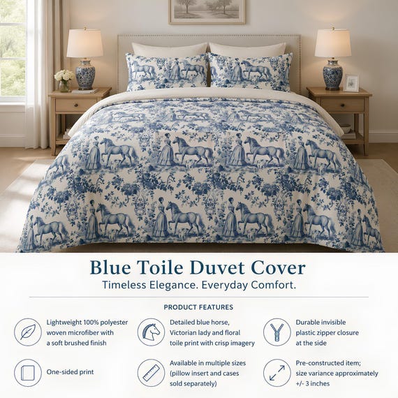 Blue Toile Duvet Cover, Brushed Microfiber Horse Print