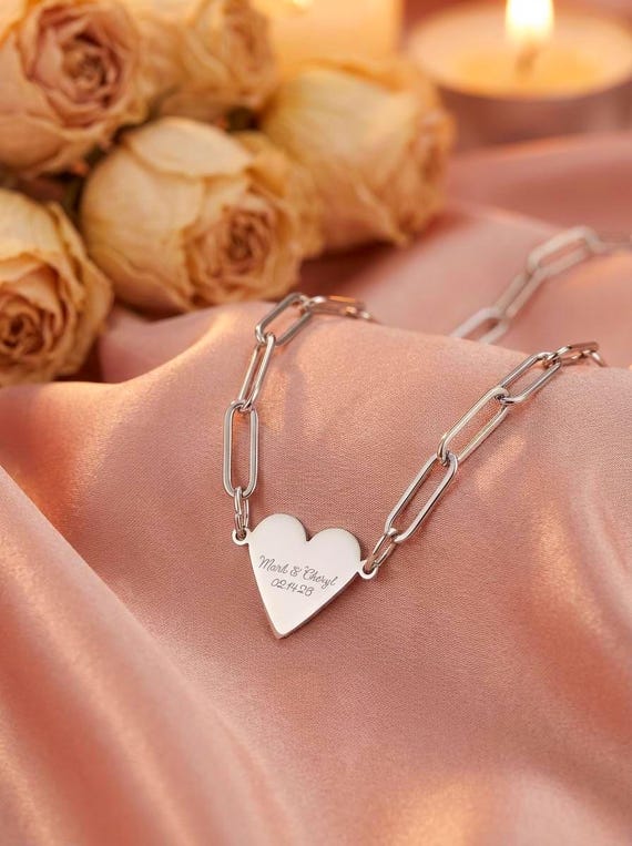 Engravable Heart Paperclip Necklace | Stainless Steel Pendant