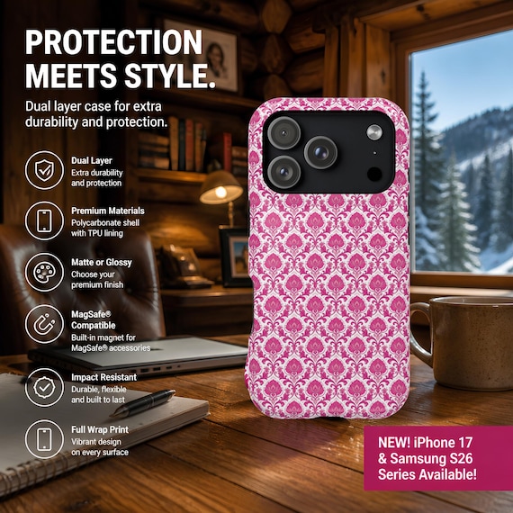 Magnetic Case, Pink Damask Print with Dual-Layer MagSafe Compatibility