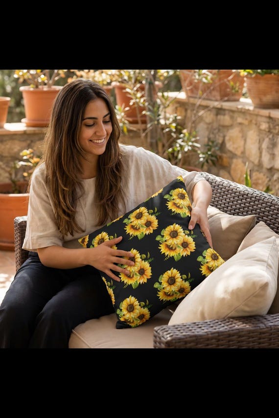 Sunflower Pattern Pillowcase, Square Polyester Yellow Floral Decor