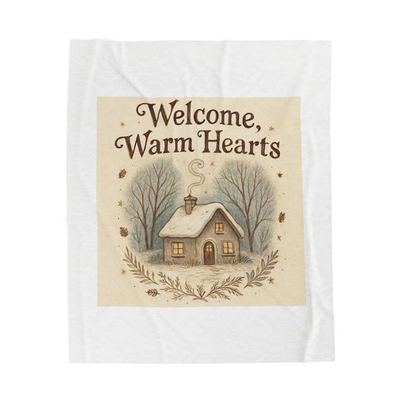 Welcome Warm Hearts cottage scene Velveteen Plush Blanket | cozy winter home decor