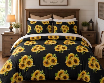 Copripiumino con bouquet di girasoli, set da letto in cotone / Biancheria da letto floreale